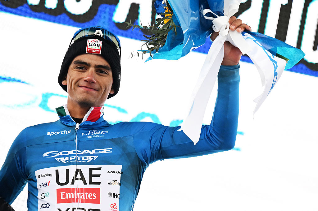 MAGLIANO DE&amp;apos; MARSI, ITALY - MARCH 11: Isaac Del Toro of Mexico and UAE Team Emirates - XRG celebrates at podium as Blue Leader Jersey winner during the 61st Tirreno-Adriatico 2026, Stage 3 a 221km stage from Cortona to Magliano de&amp;apos; Marsi 332m / #UCIWT / on March 11, 2026 in Magliano de&amp;apos; Marsi, Italy. (Photo by Tim de Waele/Getty Images)