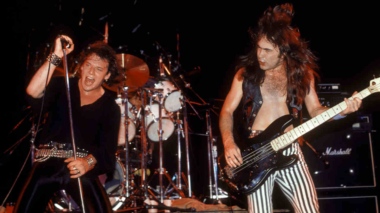 Iron Maiden&rsquo;s Paul Di&rsquo;Anno and Steve Harris performing onstage ihn 1981