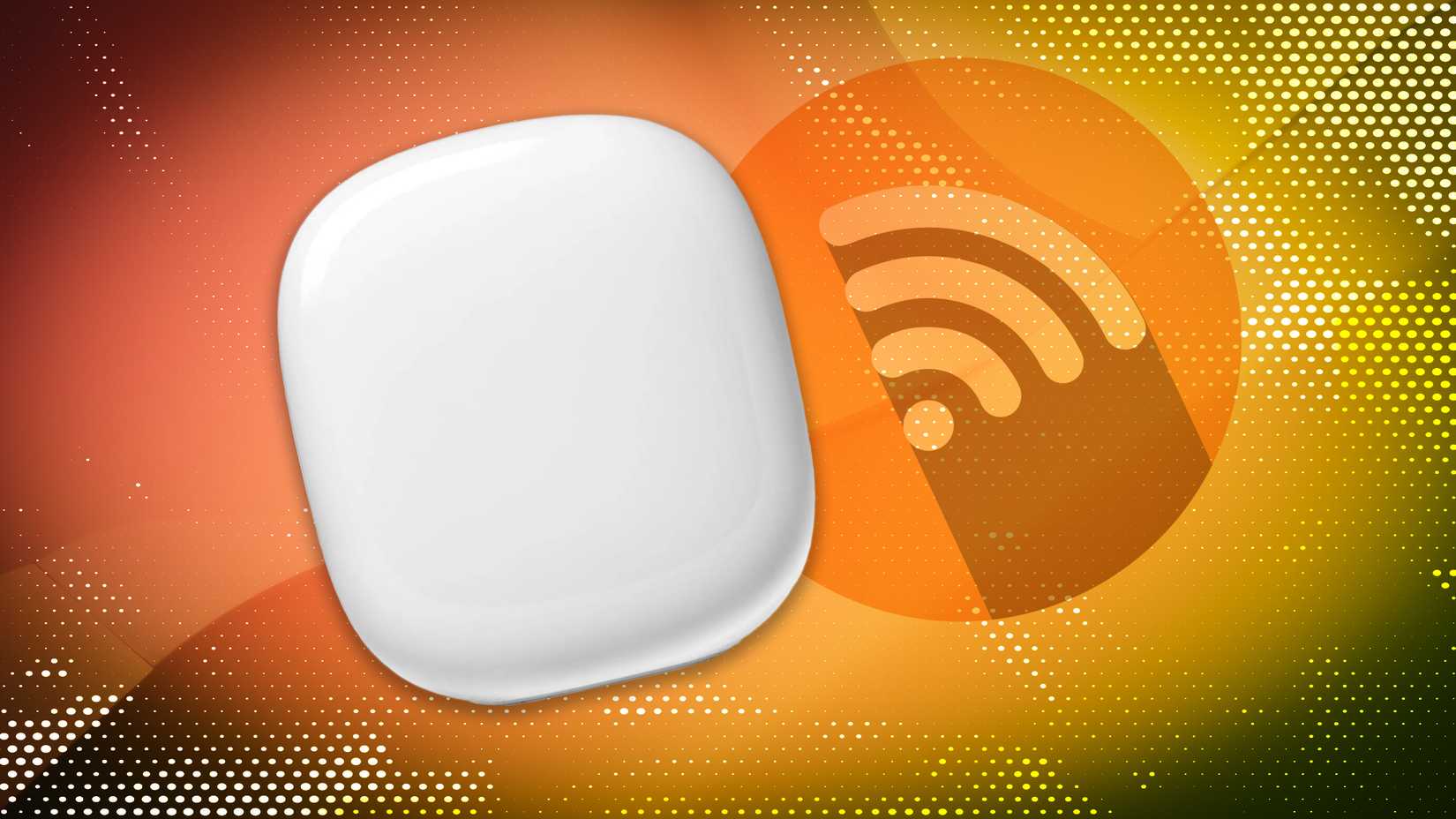 A photo illustration of a Google Nest router and Wi-Fi icon against an orange background