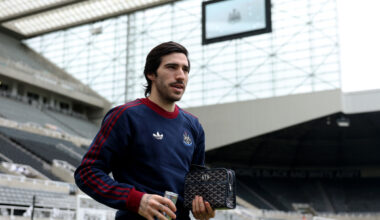 NEWCASTLE UPON TYNE, ENGLAND - FEBRUARY 28: ISandro Tonali of Newcastle United and Italy arrives at the stadium prior to the Premier League match between Newcastle United and Everton at St James