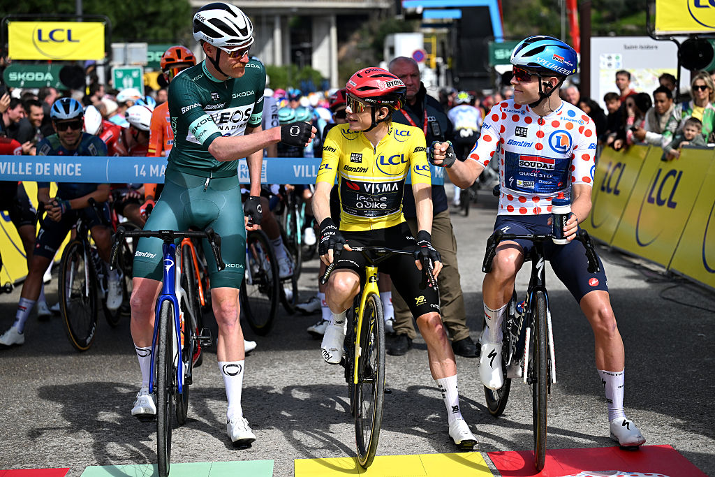 NICE, FRANCE - MARCH 15: (L-R) Dorian Godon of France and Team INEOS Grenadiers - Green Points Jersey, Jonas Vingegaard of Denmark and Team Visma | Lease a Bike - Yellow Leader Jersey and Casper Pedersen of Denmark and Team Soudal Quick-Step - Polka Dot Mountain Jersey prior to the 84th Paris-Nice 2026, Stage 8 a 129.2km stage from Nice to Nice / #UCIWT / on March 15, 2026 in Nice, France. (Photo by Szymon Gruchalski/Getty Images)