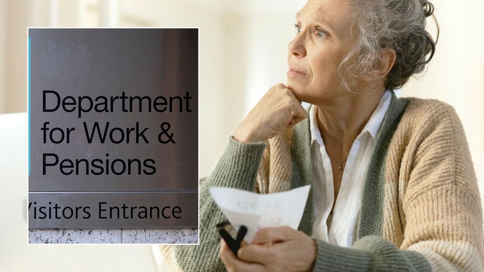 Older woman and DWP sign