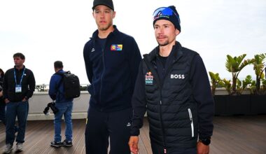 CAMOIRE, ITALY - MARCH 08: (L-R) Jonathan Milan of Italy and Team Lidl - Trek and Primoz Roglic of Slovenia and Team Red Bull Bora Hansgrohe during the Top Riders Press Conference prior to the 61st Tirreno-Adriatico 2026 / #UCIWT / on March 08, 2026 in Camaiore, Italy. (Photo by Tim de Waele/Getty Images)