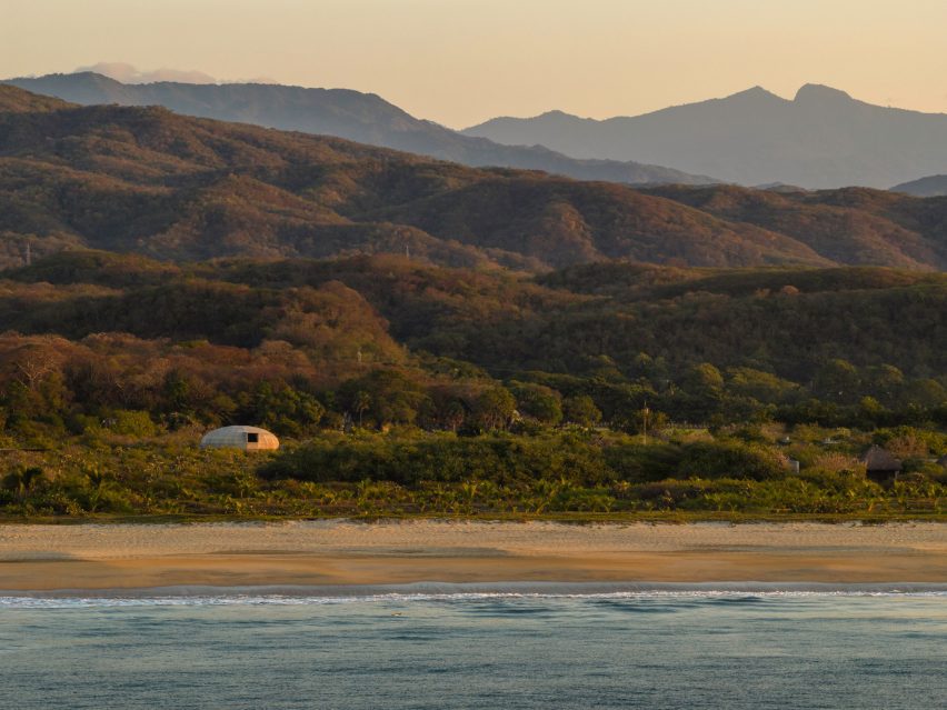View from the water of OMA Mushroom Pavilion dome in Oaxaca