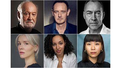 Headshots of David Calder, Steven Elder, Dominic Mafham, Sarah Andre White, Aimee Powell and Naomi Yang