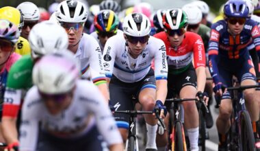 A shot of the peloton at Milan-San Remo Women 2025, with some riders out of focus but Wiebes, centre, in clear focus