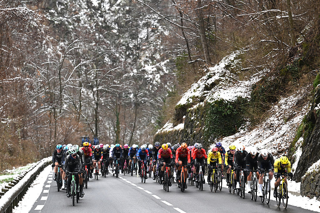 ISOLA, FRANCE - MARCH 14: A general view of the peloton prior to the 84th Paris-Nice 2026, Stage 7 a 47km stage from Pont Louis Nucera to Isola 855m / Stage shortened due to adverse weather conditions / #UCIWT / on March 14, 2026 in Pont Louis Nucera, France. (Photo by Szymon Gruchalski/Getty Images)