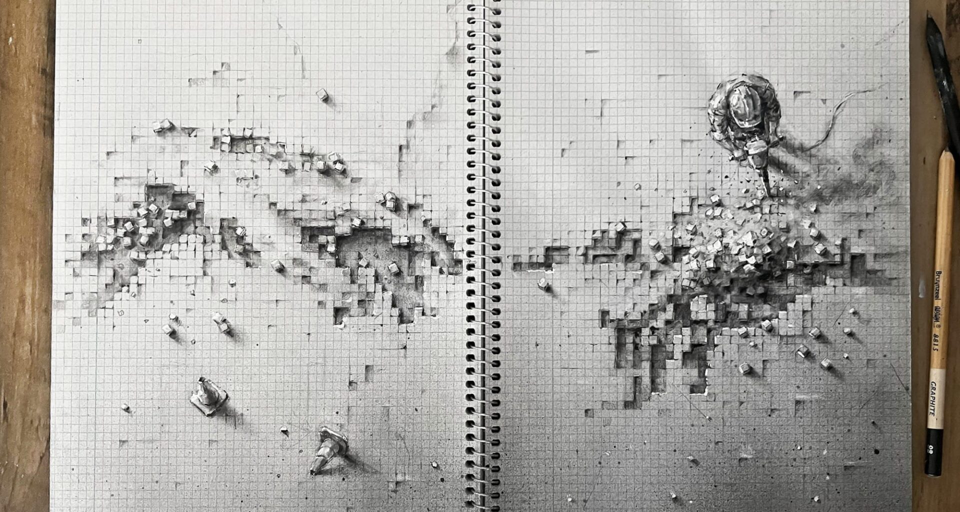 A graphite drawing on graph paper of a person using a jackhammer to break open the surface to reveal the outline of the hands of God and Adam touching from the Sistine Chapel