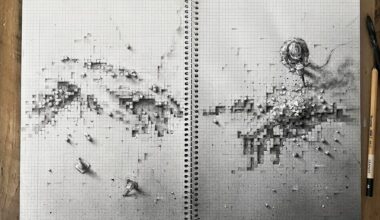 A graphite drawing on graph paper of a person using a jackhammer to break open the surface to reveal the outline of the hands of God and Adam touching from the Sistine Chapel