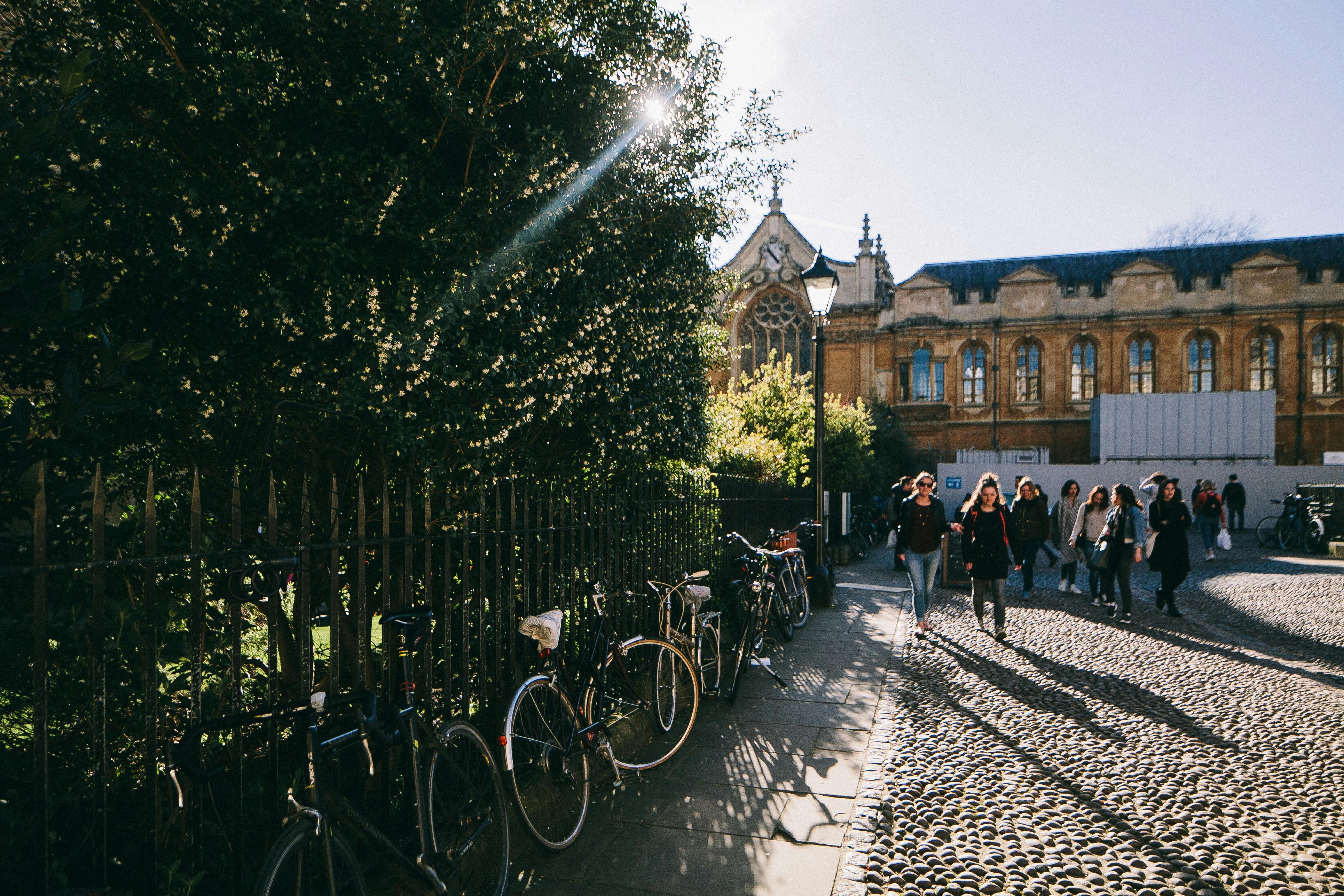 People walk along a cobblestone street beside parked bicycles and a historic building on a sunny day.