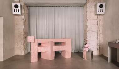 pink sculptural DJ booth by YONT studio sits inside hybrid record store in berlin