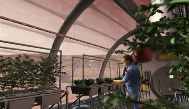 An artist's concept depicts a greenhouse on the surface of Mars. Plants are growing with the help of red, blue, and green LED light bars and a hydroponic cultivation approach. Other methods using soil simulants should also contribute to long-term food production on the Moon and Mars. Image credit: SAIC