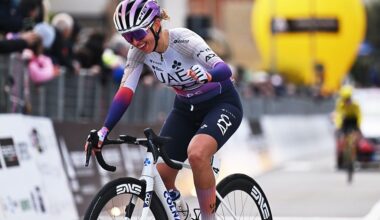 CITTIGLIO, ITALY - MARCH 15: Silvia Persico of Italy and UAE Team ADQ crosses the finish line during the 27th Trofeo Alfredo Binda - Comune di Cittiglio 2026 a 152.7km one dat race from Luino to Cittiglio / #UCIWWT / on March 15, 2026 in Cittiglio, Italy.Luino, Italy. (Photo by Luc Claessen/Getty Images)
