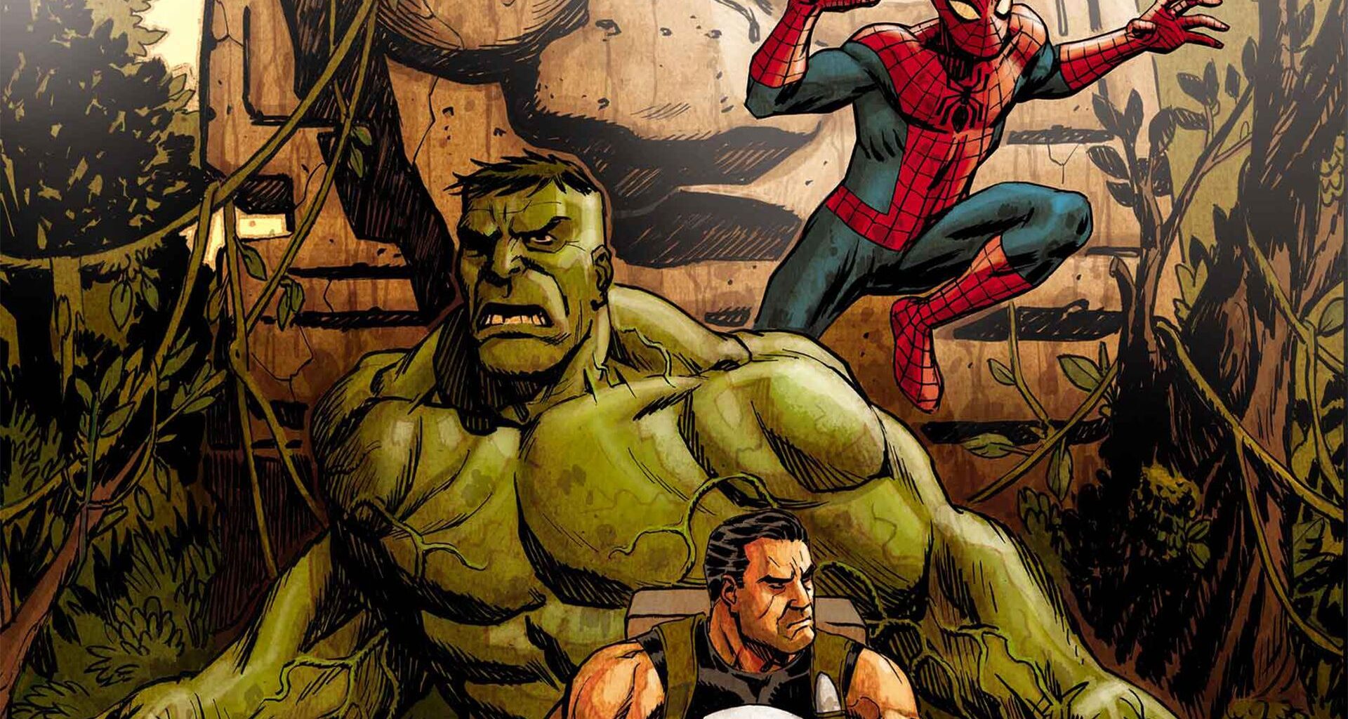 Spider-Man, Hulk, and Punisher posing in the jungle alongside a carved stone head
