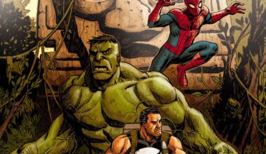 Spider-Man, Hulk, and Punisher posing in the jungle alongside a carved stone head
