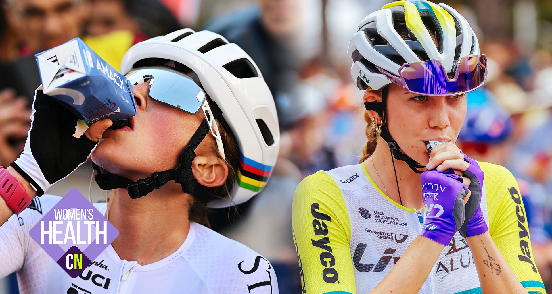 Magdeleine Vallieres of Canada and Team EF Education-Oatly alongside Liv AlUla Jayco team's Australian rider Mackenzie Coupland.