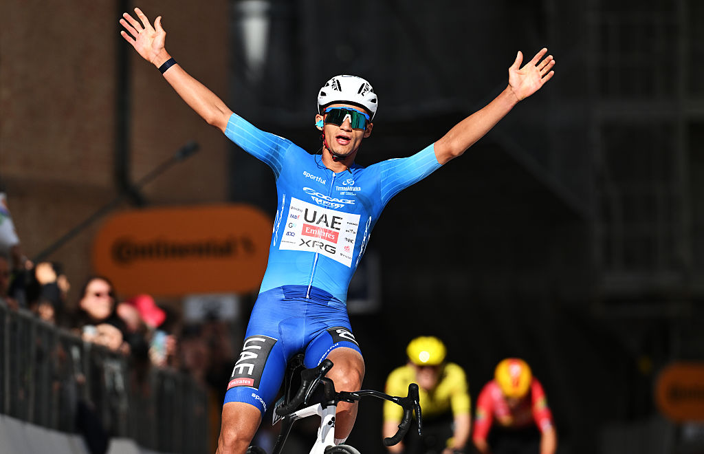 CAMERINO, ITALY - MARCH 14: Isaac Del Toro of Mexico and UAE Team Emirates - XRG - Blue Leader Jersey celebrates at finish line as stage winner during the 61st Tirreno-Adriatico 2026, Stage 6 a 188km stage from San Severino Marche to Camerino 656m / #UCIWT / on March 14, 2026 in San Severino Marche, Italy. (Photo by Tim de Waele/Getty Images)