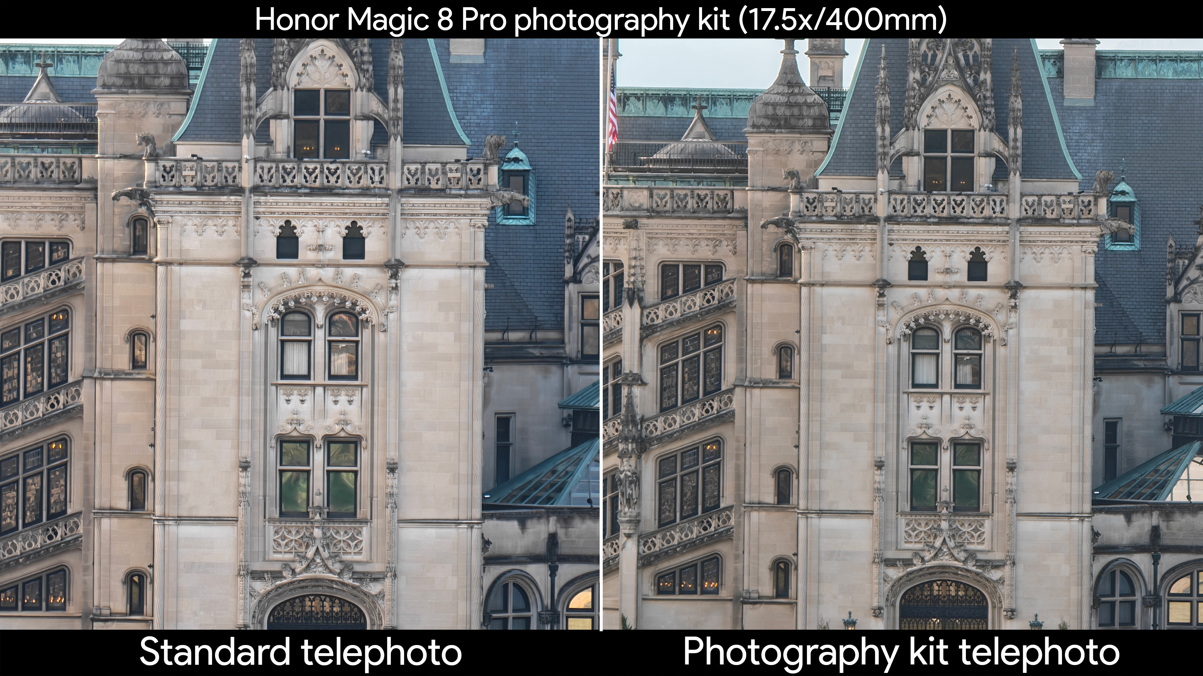 Comparing the Honor Magic 8 Pro's standard telephoto camera to the quality produced by the official photography kit's telephoto extender lens