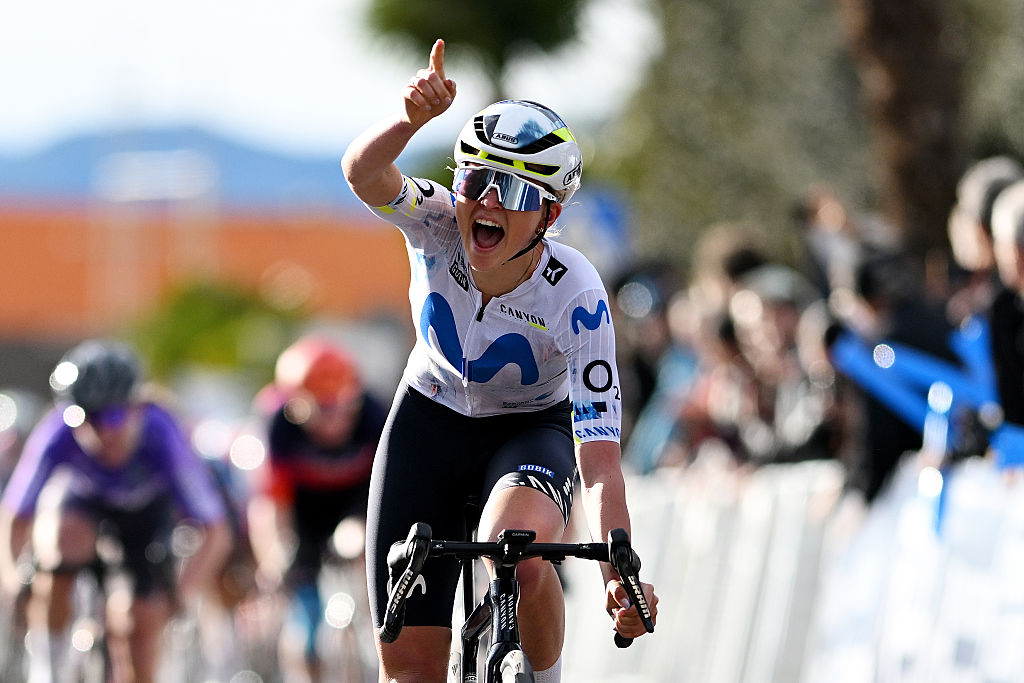 VILA-REAL, SPAIN - FEBRUARY 13: (EDITOR&amp;apos;S NOTE: Alternate crop) Cat Ferguson of Great Britain and Team Movistar celebrates at finish line as stage winner during the 10th Setmana Ciclista - Volta Femenina de la Comunitat Valenciana 2026, Stage 2 a 115.5km stage from Vila-Real to Vila-Real on February 13, 2026 in Vila-Real, Spain. (Photo by Szymon Gruchalski/Getty Images)