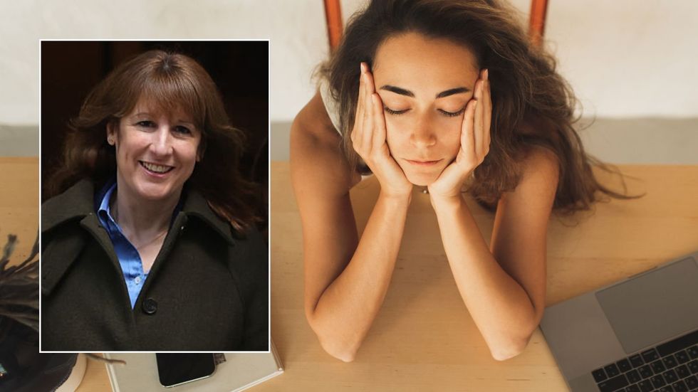 Rachel Reeves and woman looking worried