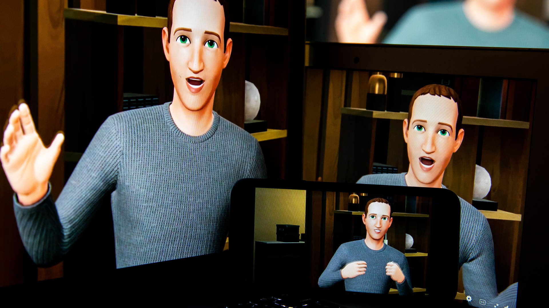 A series of metaverse Zuckerbergs on a collection of screens.