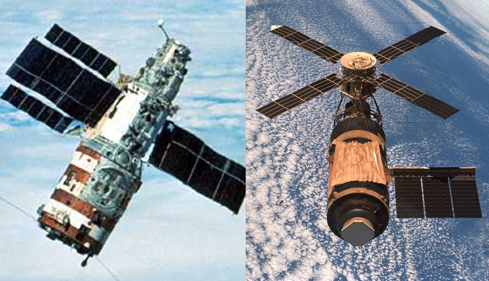 The Soviet Salyut-7 (left) and NASA's Skylab (right). Credit: RKK Energia/NASA