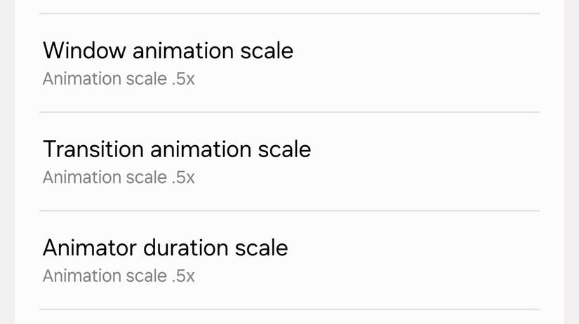 Samsung Developer options animation scale tuning
