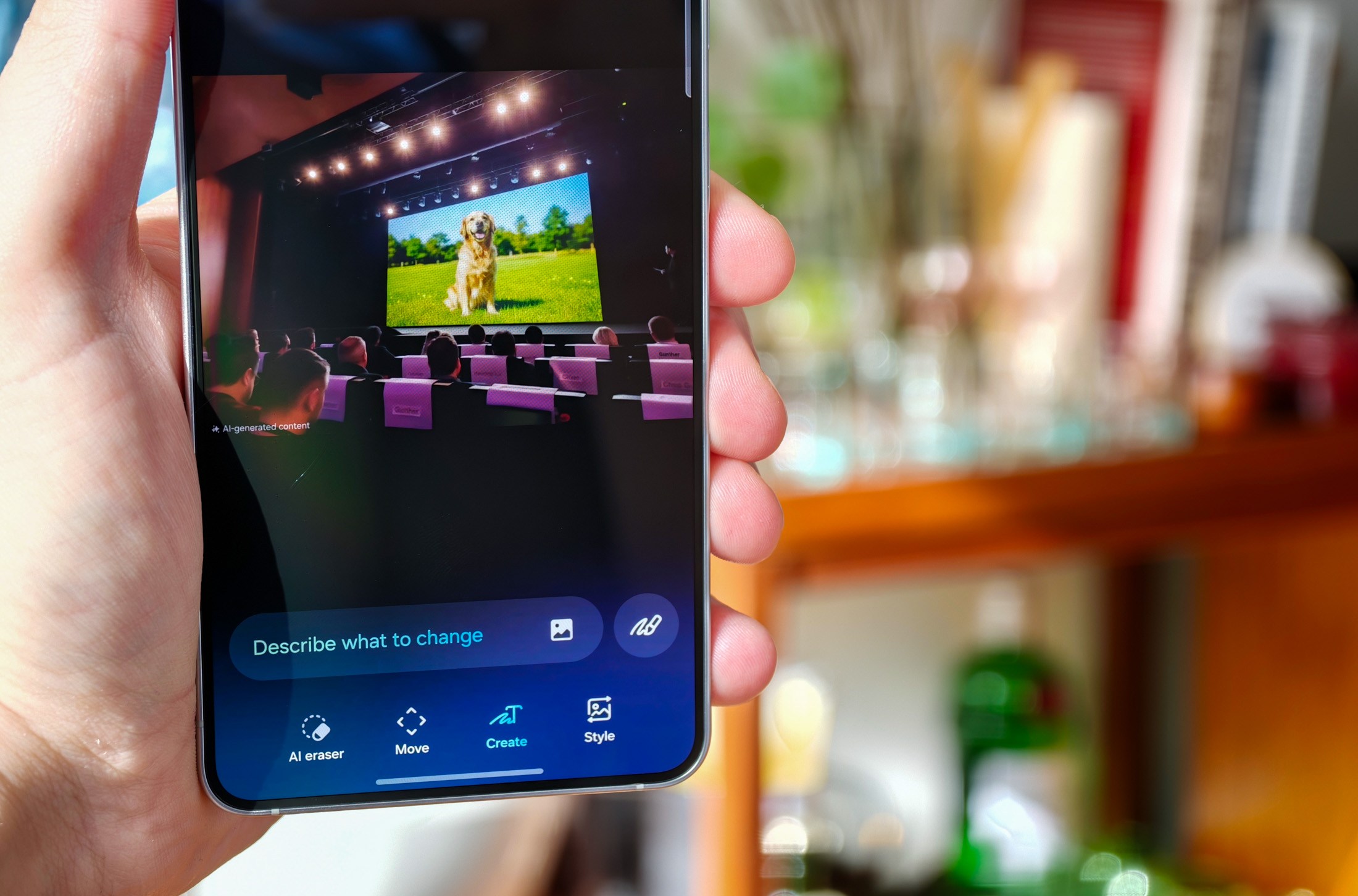 Photo of Photo Gallery AI edits on a Samsung Galaxy S26, with natural language editing, showing an edited photo of a press conference audience looking at a picture of an adorable dog