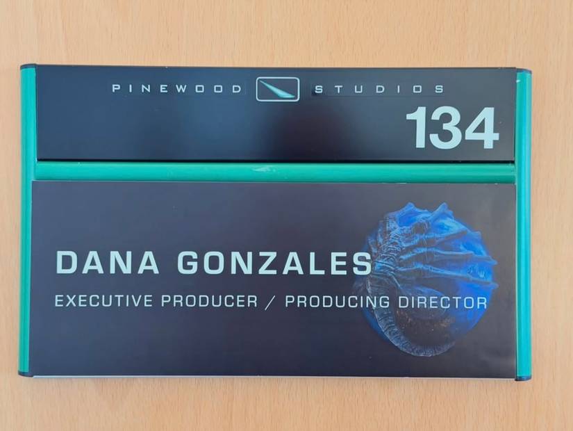 Dana Gonzales' Alien: Earth sign on door at Pinewood Studios