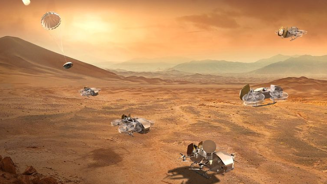 A concept of the dragonfly's entry, descent, and landing on the surface of Titan.
