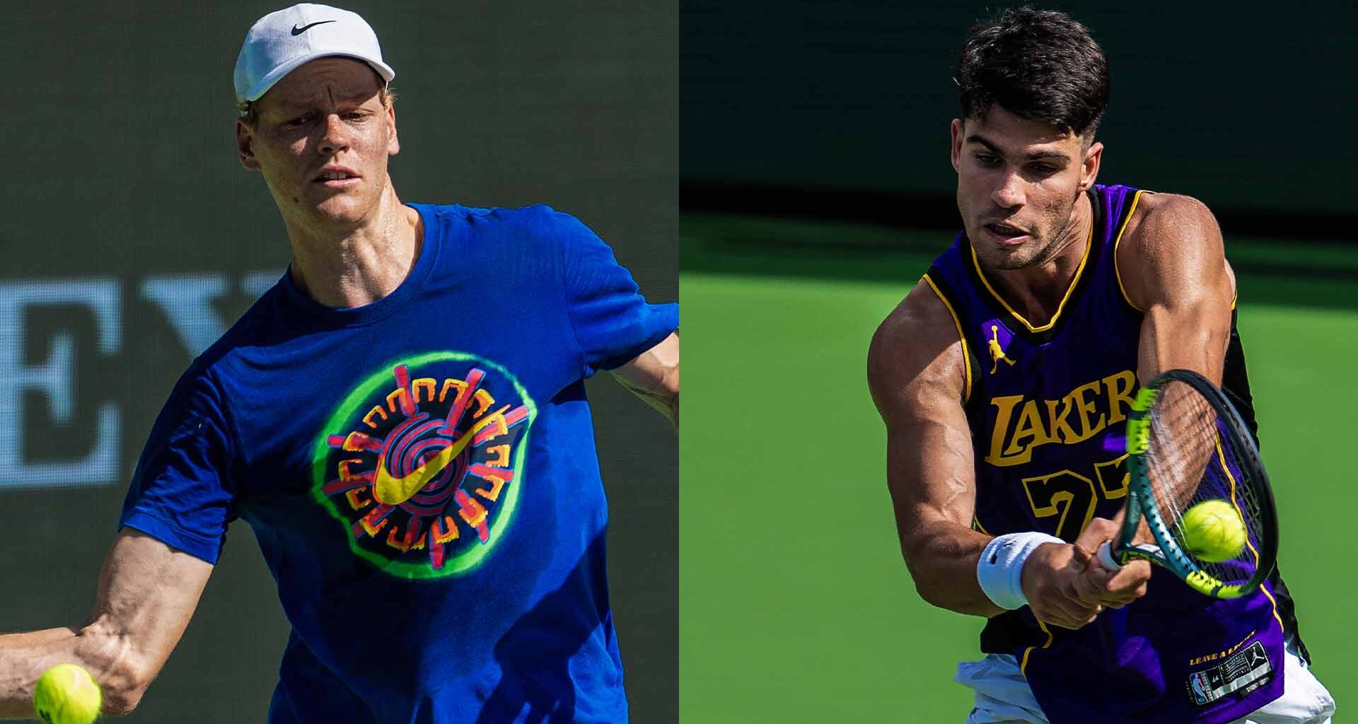 Jannik Sinner and Carlos Alcaraz practise ahead of the BNP Paribas Open.
