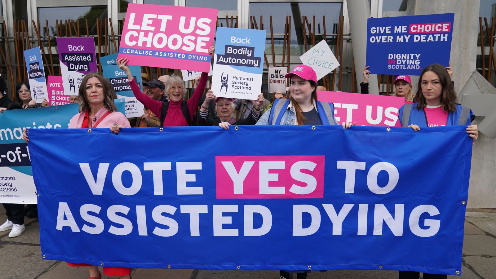 Pro-assisted dying campaigners outside the Scottish parliament last year. Pic: PA