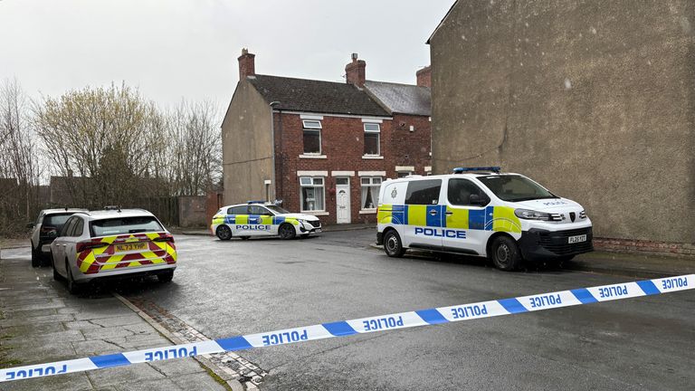 Police cordon in Shildon, County Durham, following a suspected fatal assault on court bailiff Jeff Blair. Pic: PA
