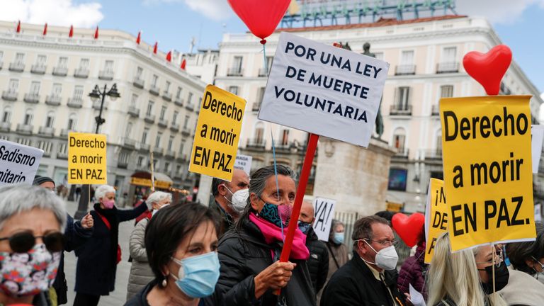 Spain legalised euthanasia in 2021, despite protests. One March 2021 protest is pictured above. File pic: Reuters