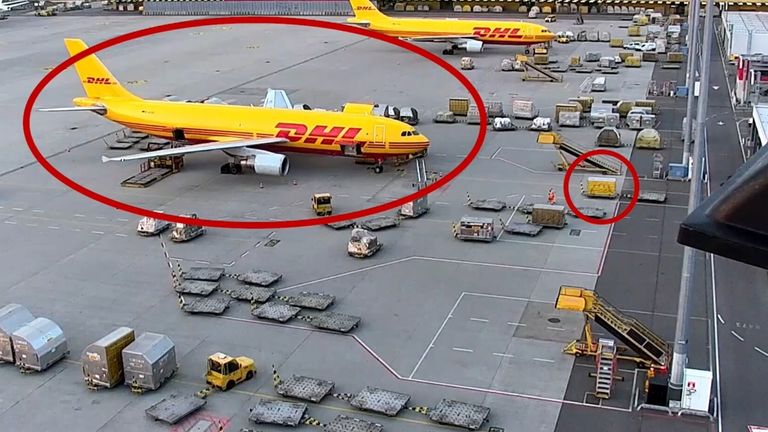 A self-igniting parcel at Leipzig airport. Pic: @Eurojust