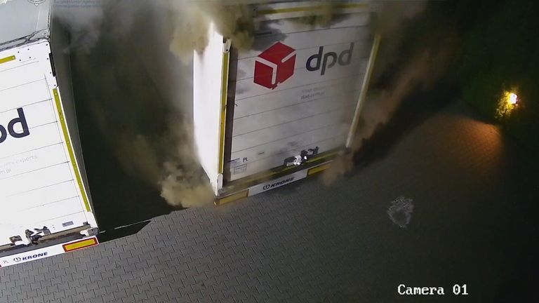 A self-igniting parcel burns in a lorry. Pic: @Eurojust