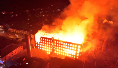 Fire at the Grade II listed building in Leek, Staffordshire. Pic:  Up in the Sky Droneography