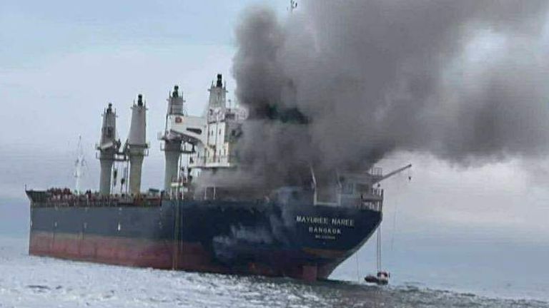 Thai cargo ship, Mayuree Naree, was struck and set ablaze in the Strait of Hormuz on 11 March. Pic: Royal Thai Navy via AP
