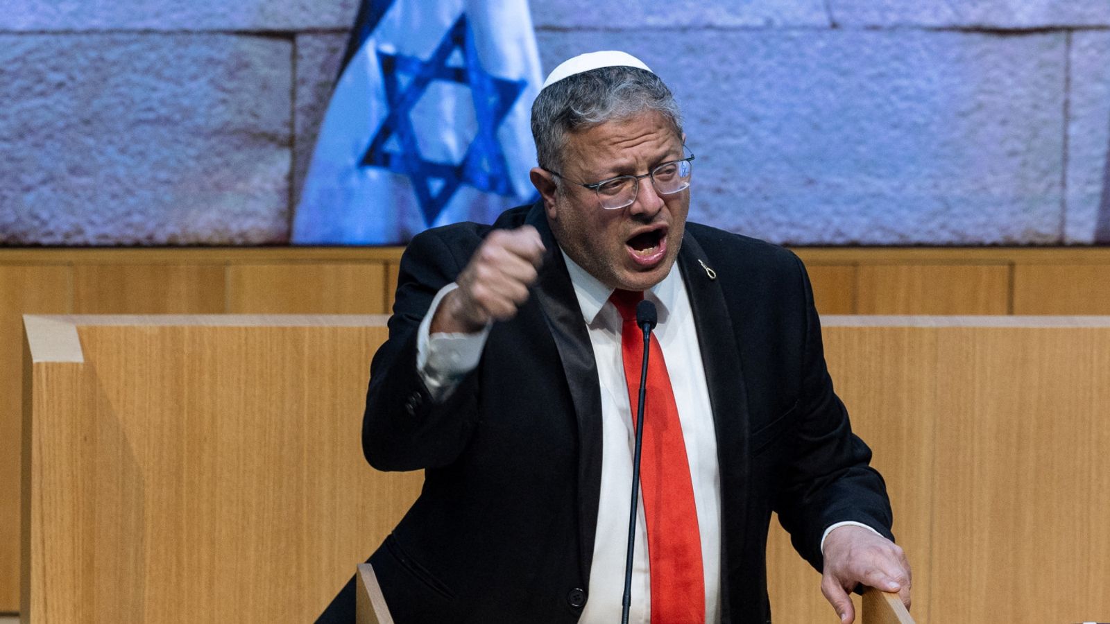 Israel's far-right politician Itamar Ben-Gvir speaking in parliament in support of a controversial new law. Pic: Reuters