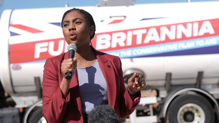 Kemi Badenoch earlier this week visited a construction business to call for drilling to reopen in the North Sea. Pic: PA