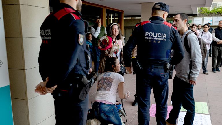 A group of people protested at the entrance of the care facility where Noelia was euthanised. Pic: Europa Press/AP