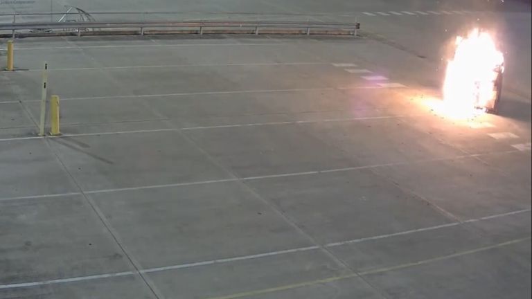 A self-igniting parcel burns. Pic: @Eurojust