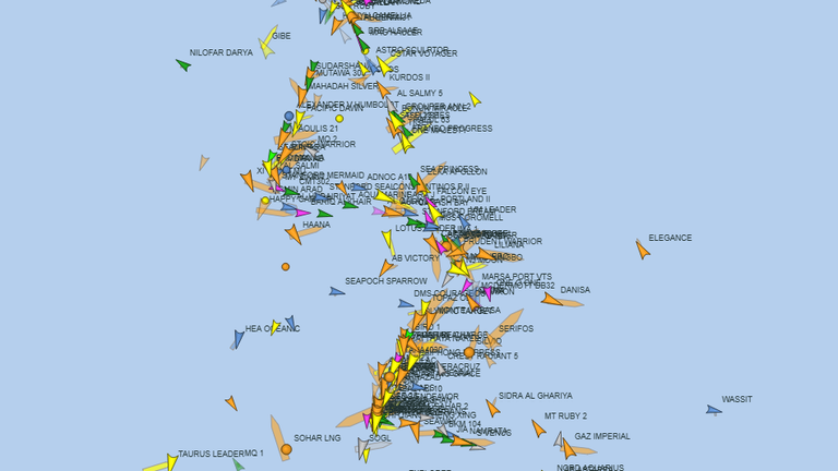 Clusters of ships in specific geometric patterns show on tracking services - likely caused by GPS interference. Pic: VesselFinder