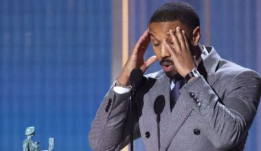 Michael B Jordan was visibly shocked to take best actor at the Actor Awards, beating favourite Timothee Chalamet. Pic: Reuters