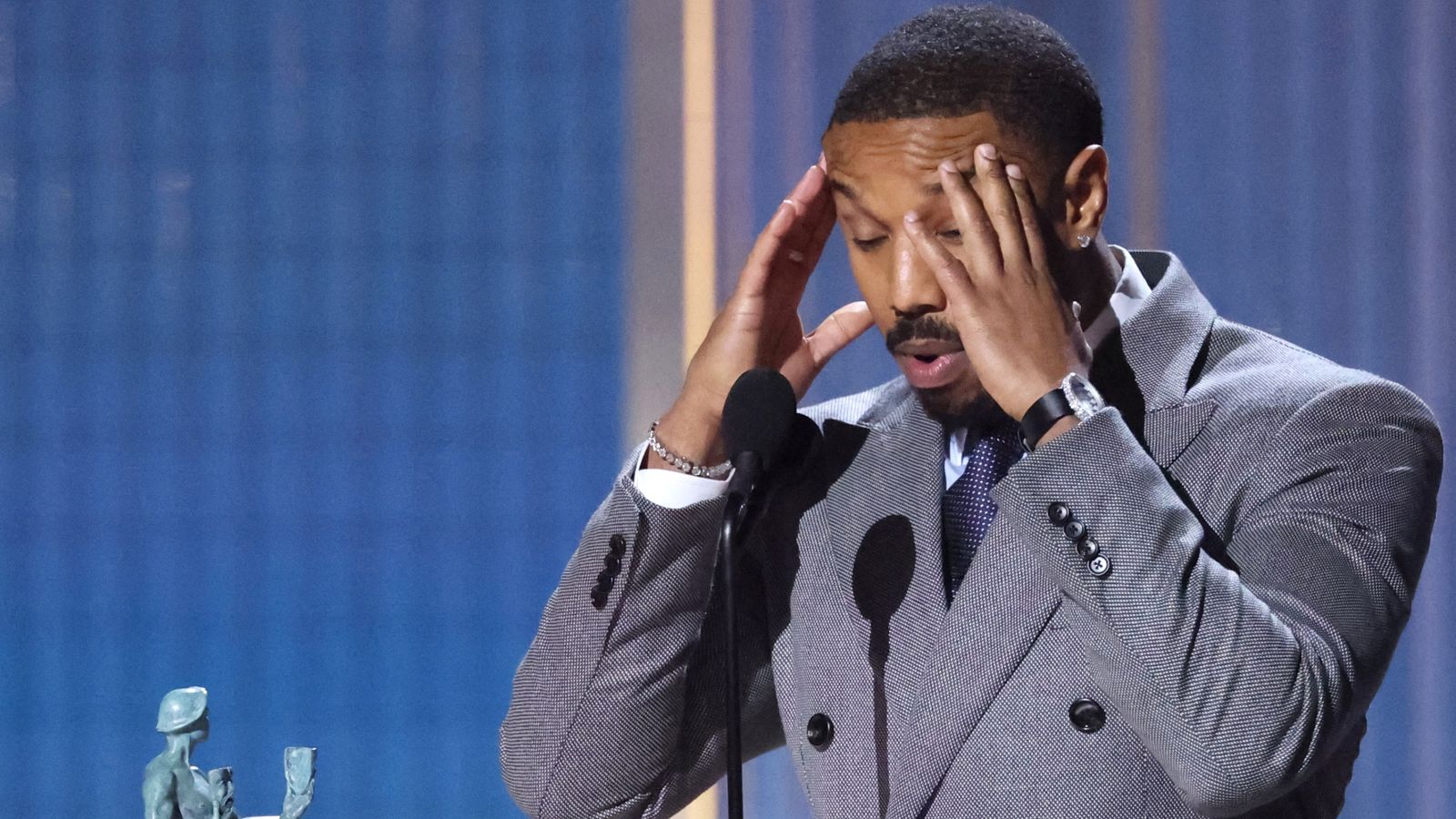 Michael B Jordan was visibly shocked to take best actor at the Actor Awards, beating favourite Timothee Chalamet. Pic: Reuters