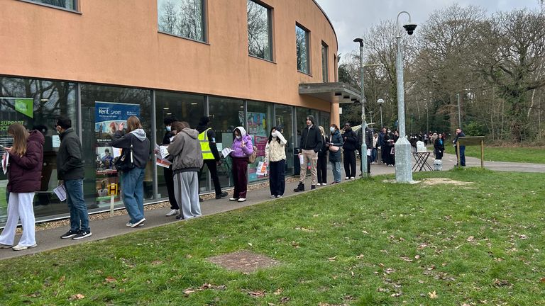 Students queuing to receive vaccines and antibiotics at the University of Kent campus in Canterbury on Saturday. Pics: PA