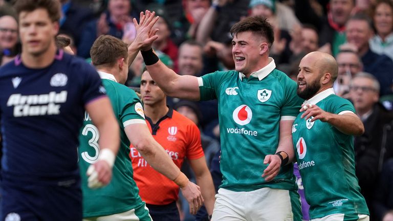 Ireland's Dan Sheehan (second right) celebrates after scoring his side's second try 