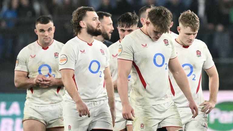 England players react at the end of their defeat by Italy in the Six Nations