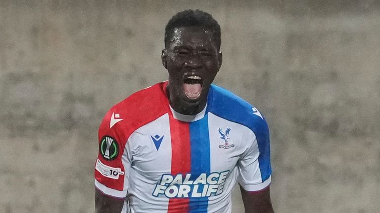 Crystal Palace's Ismaila Sarr celebrates scoring his side's second goal during the Conference League round of 16.