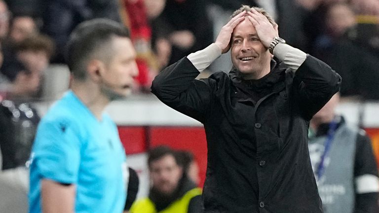 Leverkusen's head coach Kasper Hjulmand shows his frustration against Arsenal